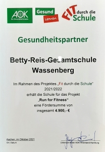Urkunde AOK-Projekt Betty-Reis 2021
